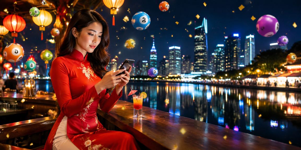 Người phụ nữ Hà Nội mặc áo dài xem kết quả xổ số trực tuyến trên di động