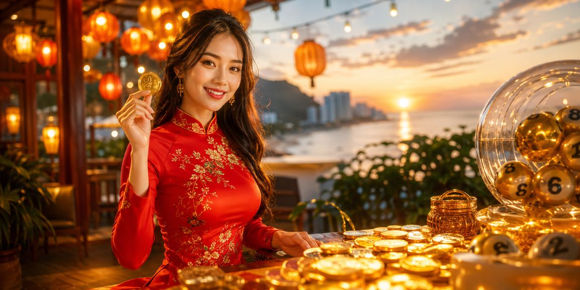 Người phụ nữ Hội An mặc áo dài tham gia xổ số và giải trí trực tuyến trong không gian truyền thống